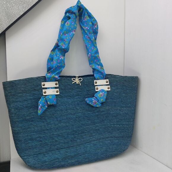 Large straw Tote Bag in Shades of Blue & Purple w Floral Scarf Handles by Babani - Picture 3 of 13